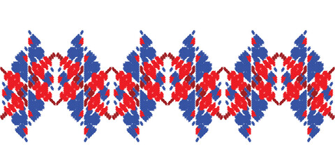 Red and blue embroidery ornament. Fashion texture for fabric textile.