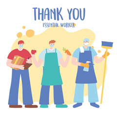 thank you essential workers concept, people with different uniforms, wearing face masks, various occupations, coronavirus covid 19 disease