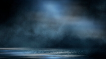 Dark dramatic abstract scene background. Neon glow reflected on the pavement. Smoke, smog and fog. Dark street, wet asphalt, reflections of rays in the water. Abstract dark blue background. 
