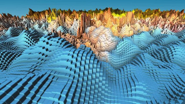 Flying over an abstract landscape of colorful animating 3D cubes, ideal as a background for an intro or presentation