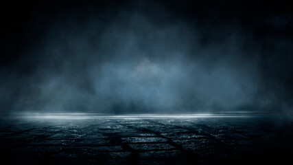 Dark dramatic abstract scene background. Neon glow reflected on the pavement. Smoke, smog and fog. Dark street, wet asphalt, reflections of rays in the water. Abstract dark blue background. 