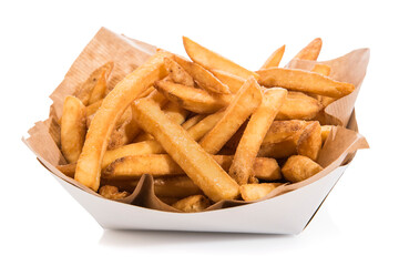 Takeaway box, french fries with salt isolated on white.