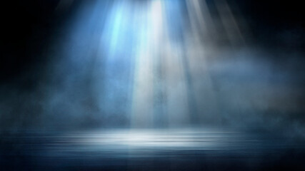 Dark dramatic abstract scene background. Neon glow reflected on the pavement. Smoke, smog and fog. Dark street, wet asphalt, reflections of rays in the water. Abstract dark blue background. 