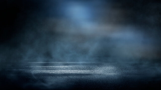 Dark dramatic abstract scene background. Neon glow reflected on the pavement. Smoke, smog and fog. Dark street, wet asphalt, reflections of rays in the water. Abstract dark blue background. 