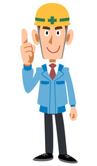 人差し指を立てるヘルメットを被った作業着の男性
