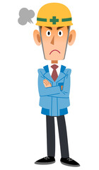 腕組みして怒るヘルメットを被った作業着の男性
