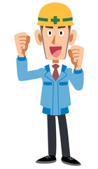 張り切る若いヘルメットを被った作業着の男性
