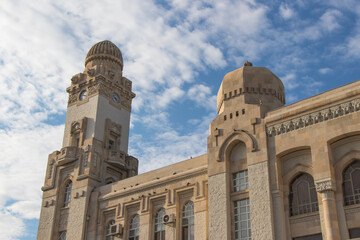 Fototapeta na wymiar Main building of the Azerbaijan Railways. Clock tower in Baku.