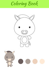 Coloring page happy little baby donkey. Coloring book for kids. Educational activity for preschool years kids and toddlers with cute animal. Flat cartoon colorful vector illustration