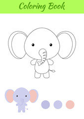 Coloring page happy little baby elephant. Coloring book for kids. Educational activity for preschool years kids and toddlers with cute animal. Flat cartoon colorful vector illustration