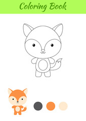 Coloring page happy little baby fox. Coloring book for kids. Educational activity for preschool years kids and toddlers with cute animal. Flat cartoon colorful vector illustration