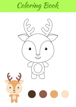Coloring page happy little baby deer. Coloring book for kids. Educational activity for preschool years kids and toddlers with cute animal. Flat cartoon colorful vector illustration