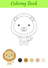 Coloring page happy little baby lion. Coloring book for kids. Educational activity for preschool years kids and toddlers with cute animal. Flat cartoon colorful vector illustration
