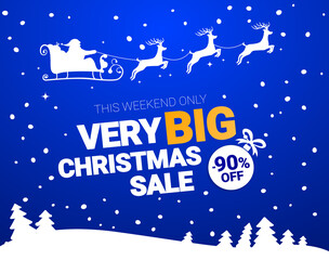 Big Christmas sale. Vector banner with Santa Claus and deers flying up the forest on the blue background. Stocking element christmas decorations. Web banner or poster for e-commerce, on-line shop. EPS