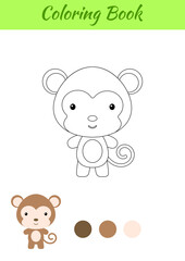 Coloring page happy little baby monkey. Coloring book for kids. Educational activity for preschool years kids and toddlers with cute animal. Flat cartoon colorful vector illustration