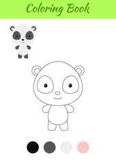 Coloring page happy little baby panda. Coloring book for kids. Educational activity for preschool years kids and toddlers with cute animal. Flat cartoon colorful vector illustration