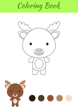 Coloring page happy little baby moose. Coloring book for kids. Educational activity for preschool years kids and toddlers with cute animal. Flat cartoon colorful vector illustration