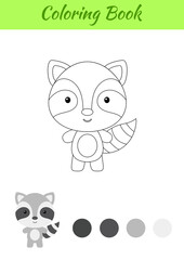 Fototapeta premium Coloring page happy little baby raccoon. Coloring book for kids. Educational activity for preschool years kids and toddlers with cute animal. Flat cartoon colorful vector illustration