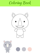 Coloring page happy little baby rhino. Coloring book for kids. Educational activity for preschool years kids and toddlers with cute animal. Flat cartoon colorful vector illustration