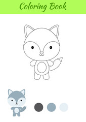 Coloring page happy little baby wolf. Coloring book for kids. Educational activity for preschool years kids and toddlers with cute animal. Flat cartoon colorful vector illustration