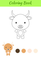 Coloring page happy little baby yak. Coloring book for kids. Educational activity for preschool years kids and toddlers with cute animal. Flat cartoon colorful vector illustration