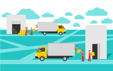 Fototapeta na wymiar Door-to-door delivery service conceptual illustration - cargo truck shipment with loaders team