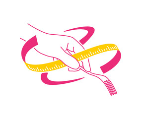 Diet food concept (for logo or icon) - outline drawn human hand holding fork twined by measuring tape - isolated vector illustration