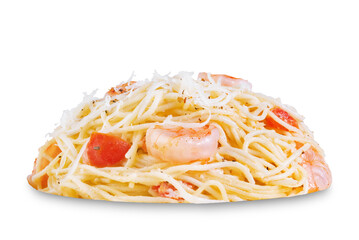 Shrimp pasta with tomatoes and cheese on a white isolated background