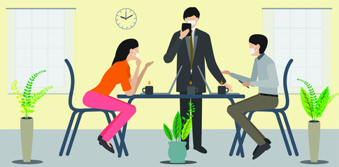 Businessmen working and wearing medical masks stock, Social Distancing, business people sitting in separate space working, people at work, wearing masks, teamwork, outbreak, India stock illustration 