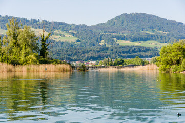 Rapperswil, Zürichsee, Obersee, Seeufer, Schilf, See, Seedamm, Holzsteg, Naturschutz, Oberer Zürichsee, Wasservögel, Jona, Schifffahrt, Hurden, Pfäffikon, Sommer, Schweiz