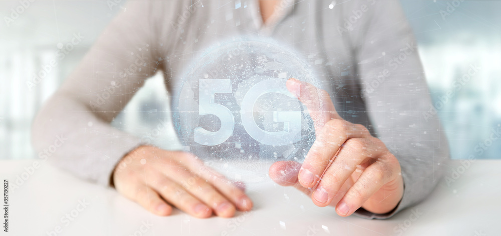 Poster businessman holding a 5g connection with data surrounding - 3d rendering