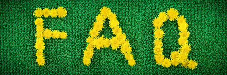 FAQ abbreviation made up of yellow flowers on a green background.