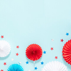 4th of July American Independence Day. Happy Independence Day. Red, blue and white star confetti,...
