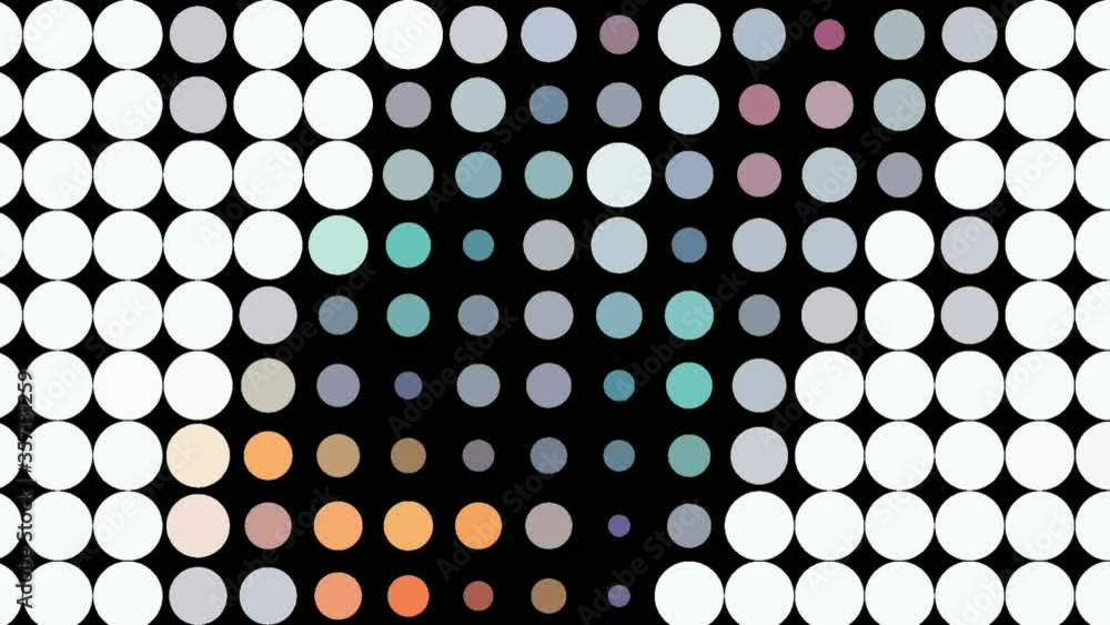 Poster motion graphics of right moving footage of blinking small colorful circles arranged in rows. compute