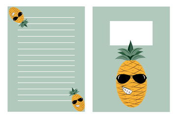 Notebook template set, with hand drawn pineapple.
Good for booklet cover, scarpbook, diary, flyer note design. Vector editable notebook cover.
