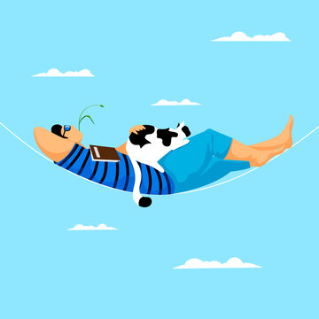 a man in a hammock. vector image of a resting person with a cat. a man rests against the sky with a book