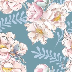 Flowers pattern seamless peonies on a blue background. for fabrics and textiles