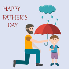 father's Day card with the image of a male father holding an umbrella over his son, flat style, color vector illustration, design, greeting, gift