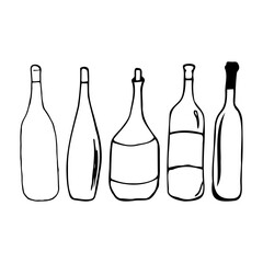 Hand drawn doodle bottle set. Contour sketch. Vector transparent illustration isolated on white background. Decoration for cards, banner, posters, prints, emblems.