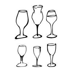 Hand drawn doodle glass set. Contour sketch. Vector transparent illustration isolated on white background. Decoration for cards, banner, posters, prints, emblems.