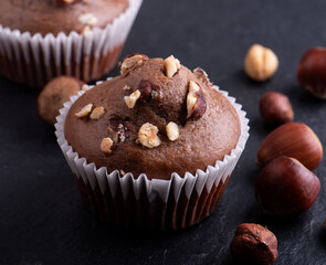 Delicious chocolate cupcakes with hazelnuts