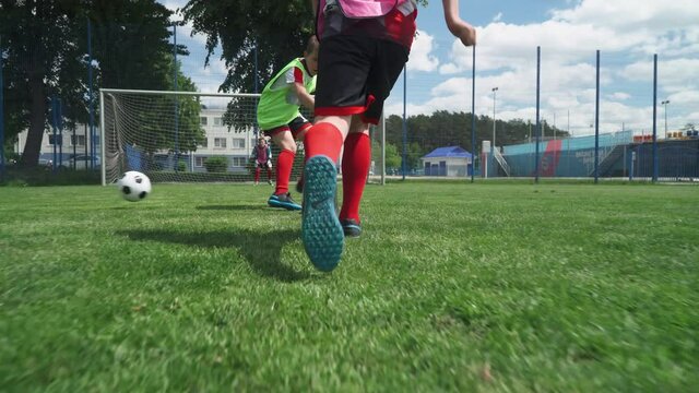 Group of young boys play soccer, training day on the football field, boy scores a goal.