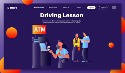 Queue of people standing for using ATM. Bank customer inserting credit card to slot for transaction. Vector illustration for business, banking, finance concept