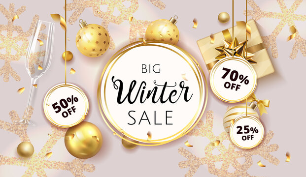 Vector Winter christmas sale banner. After Christmas sale. Holiday offer. Light golden background with Christmas decoration: gift box, christmas ball, champagne glass in snowflake glitter background