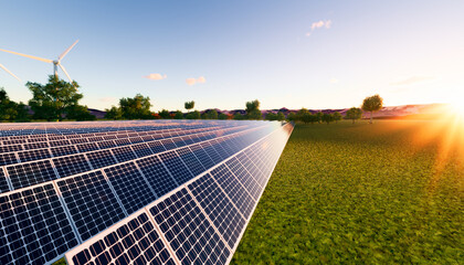 Solar farm or solar power plant consist of solar cell or photovoltaic cell in panel. That is sun business to generate electrical power or direct current electricity by light or sunlight. 3d render. © DifferR