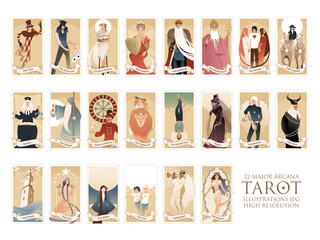 22 Major arcana of the tarot in full, isolated on white background. JPG illustrations in high resolution - obrazy, fototapety, plakaty