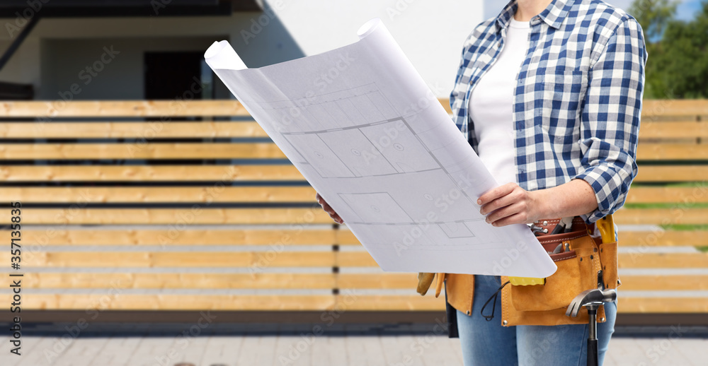 Sticker repair, construction and building concept - woman or builder with helmet, blueprint and working tool