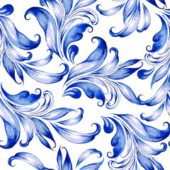Fototapeta premium Blue floral watercolor texture pattern with flowers. 