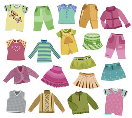 collection of children's clothes isolated on white background