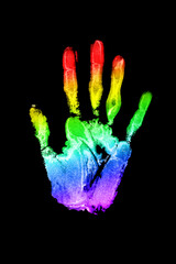 Hand print LGBTQ community flag color black background isolated closeup, handprint LGBT pride rainbow pattern, gay, lesbian etc illustration, love symbol, people diversity sign, logo, concept, icon